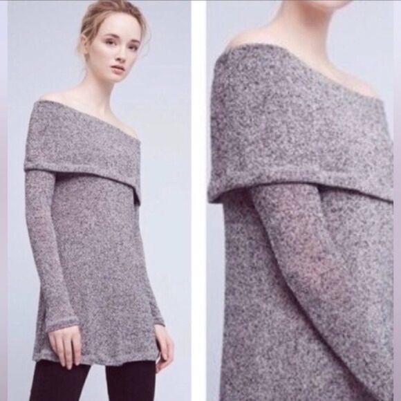 Anthropologie Eri + Ali Naples Off The Shoulder Knit Tunic in Gray Black NWT Ext - Picture 1 of 7